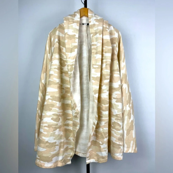 Lucky Brand Tan Neutral Camo Print Hooded Open Front Cardigan Sweater - Picture 1 of 11